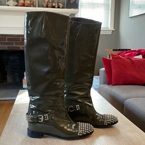 Christian Louboutin Olive Green Patent Leather Studded Knee Boots